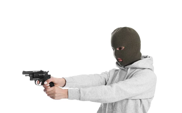 Mulher Vestindo Balaclava Malha Com Arma Fundo Branco — Fotografia de Stock