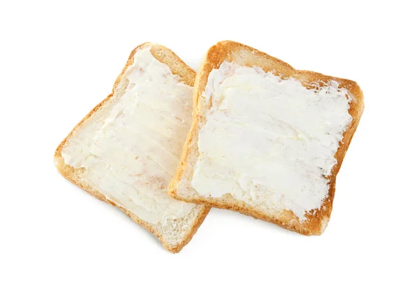 Beyaz Arka Planda Tereyağlı Lezzetli Tostlar Üst Manzara — Stok fotoğraf