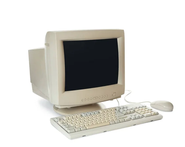 Old Computer Monitor Keyboard Mouse White Background — Stock Photo, Image
