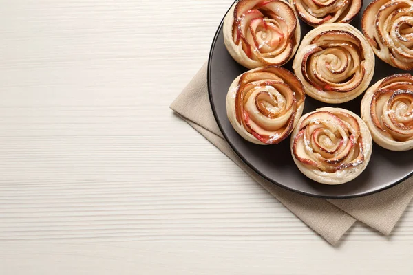 Freshly Baked Apple Roses White Wooden Table Top View Space — Stock Photo, Image