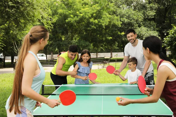 Lyckliga Familjer Spelar Pingis Parken — Stockfoto