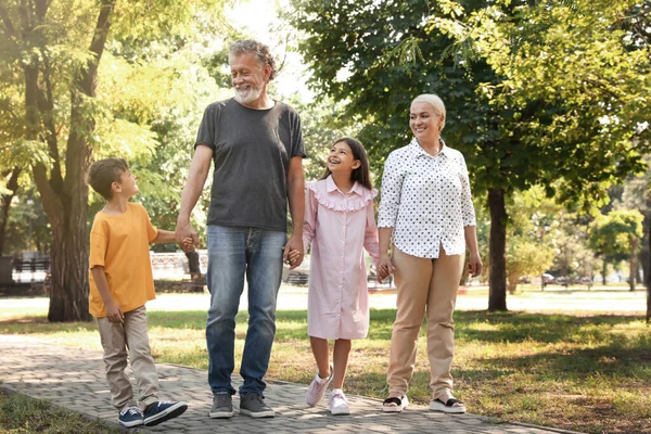 Glückliche Großeltern Mit Kleinen Kindern Spazieren Gemeinsam Park — Stockfoto