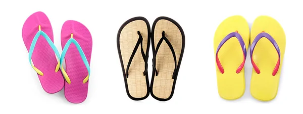 Set Med Par Snygga Flip Flops Vit Bakgrund Ovanifrån Banderolldesign — Stockfoto