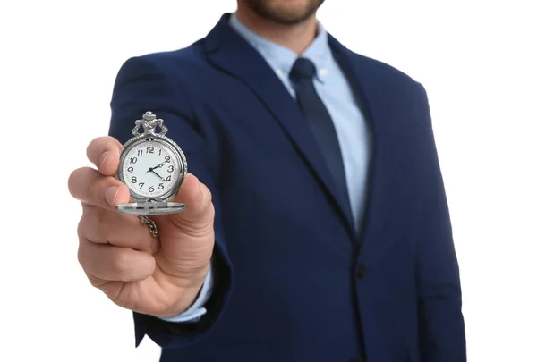 Empresário Segurando Relógio Bolso Fundo Branco Close Gestão Tempo — Fotografia de Stock