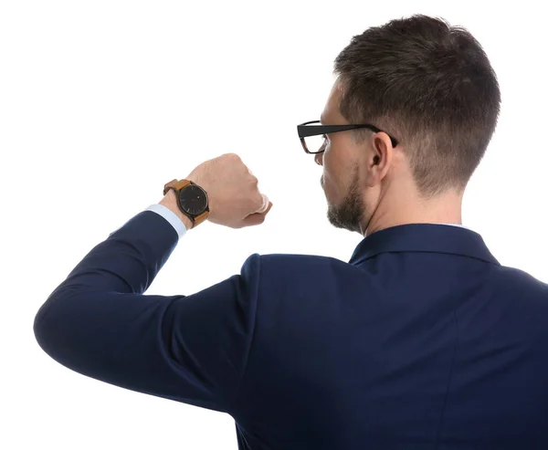 Hombre Negocios Mirando Reloj Pulsera Sobre Fondo Blanco Gestión Del — Foto de Stock