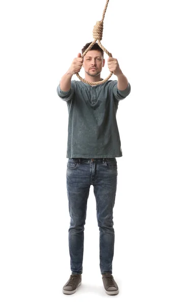 Depressed Man Rope Noose White Background — Stock Photo, Image