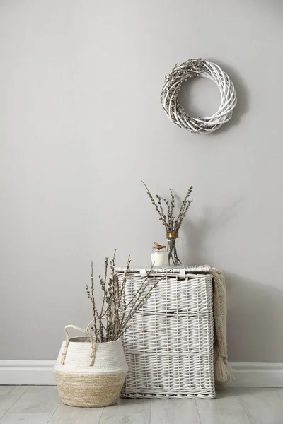 Fresh Pussy Willow Branches Wicker Baskets Indoors — Stockfoto