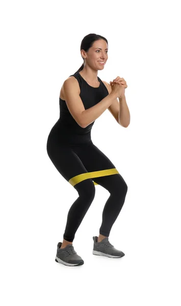 Žena Dělá Sportovní Cvičení Fitness Elastické Pásky Bílém Pozadí — Stock fotografie