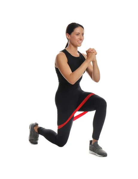 Žena Dělá Výpady Fitness Elastický Proužek Bílém Pozadí — Stock fotografie