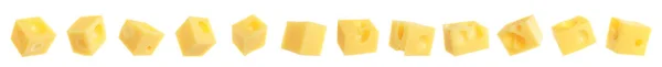 Beyaz Arka Planda Lezzetli Peynir Parçaları Kolaj Pankart Tasarımı — Stok fotoğraf