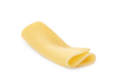 Beyaza izole edilmiş lezzetli bir peynir dilimi.