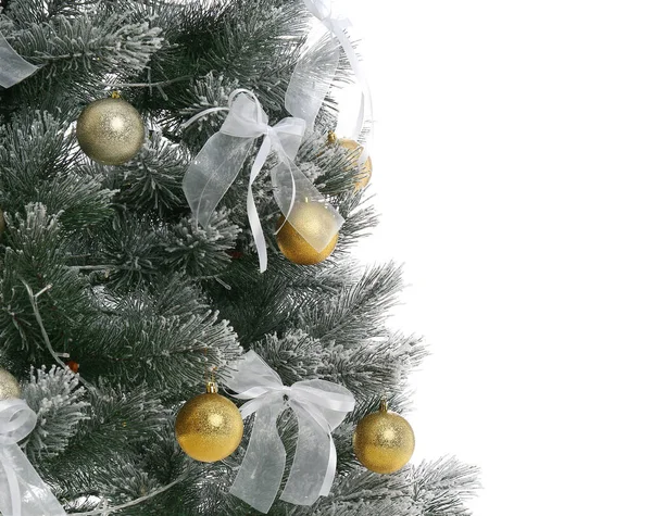 Prachtig Versierde Kerstboom Witte Achtergrond Close — Stockfoto