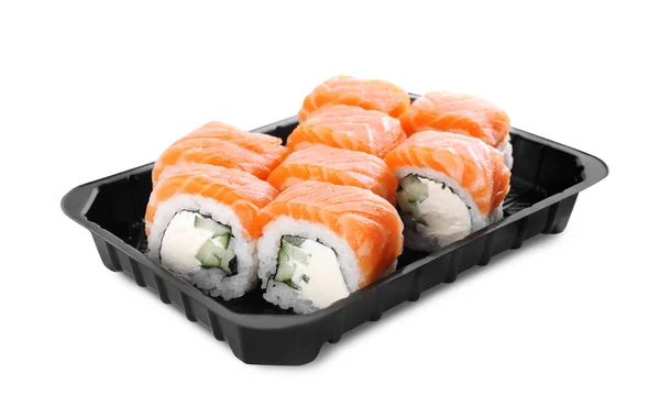 盒子上有美味的寿司卷在白色背景 — 图库照片