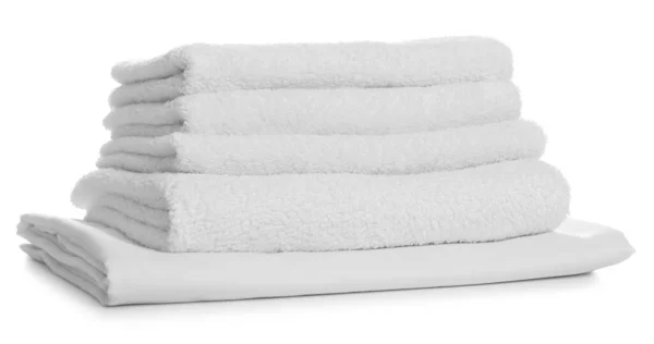 Stack Towels Bed Sheet White Background — Stock Photo, Image