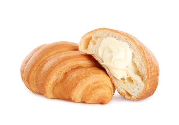 Deliciosos Croissants Con Crema Sobre Fondo Blanco — Foto de Stock