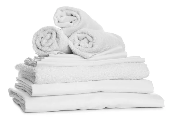 Stack Towels Bed Sheets White Background — Stock Photo, Image