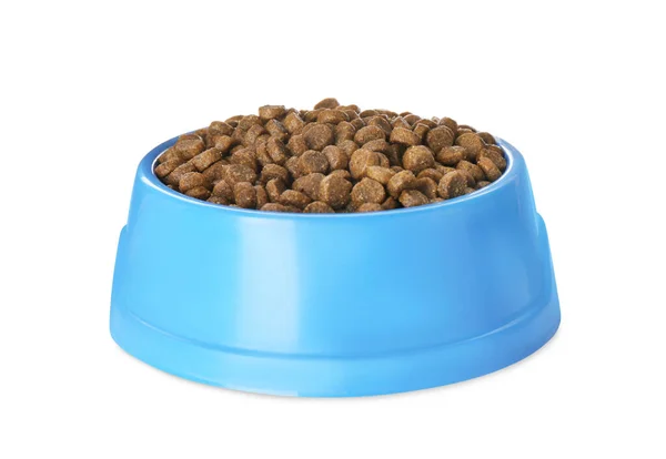 用白色隔离的蓝色宠物碗中的干粮 — 图库照片