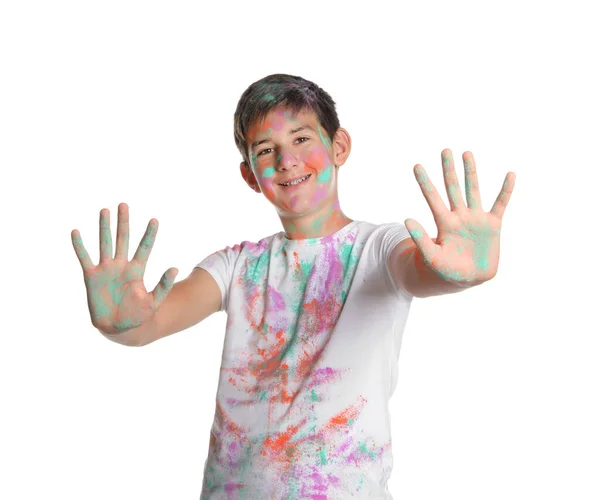 Niño Adolescente Cubierto Coloridos Tintes Polvo Sobre Fondo Blanco Fiesta — Foto de Stock