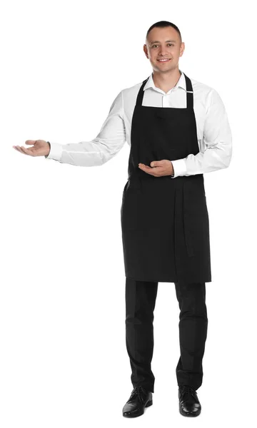 Full Length Portret Van Gelukkige Jonge Ober Uniform Witte Achtergrond — Stockfoto