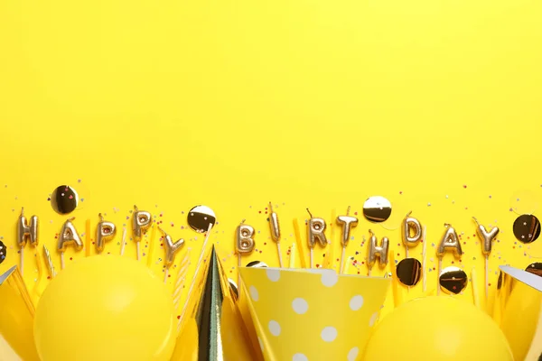 Phrase Happy Birthday Candles Party Decor Yellow Background Flat Lay — Photo