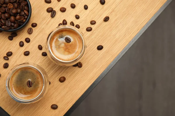 Tasty Coffee Beans Wooden Table Flat Lay Space Text — 스톡 사진