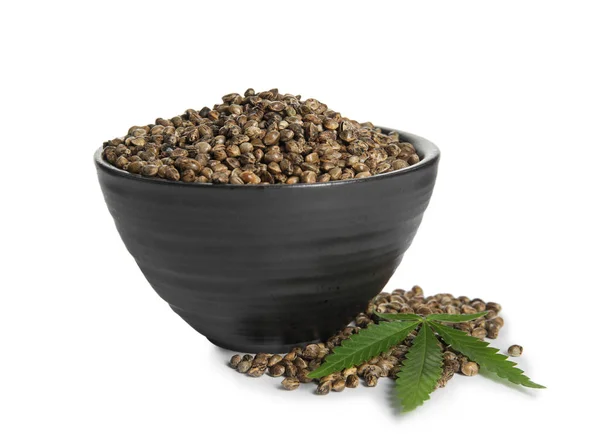 Bowl Hemp Seeds Leaf White Background — ストック写真