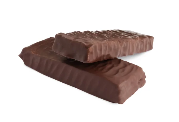 Вкусный Шоколад Глазированные Протеиновые Батончики Белом Фоне Здоровые Закуски — стоковое фото