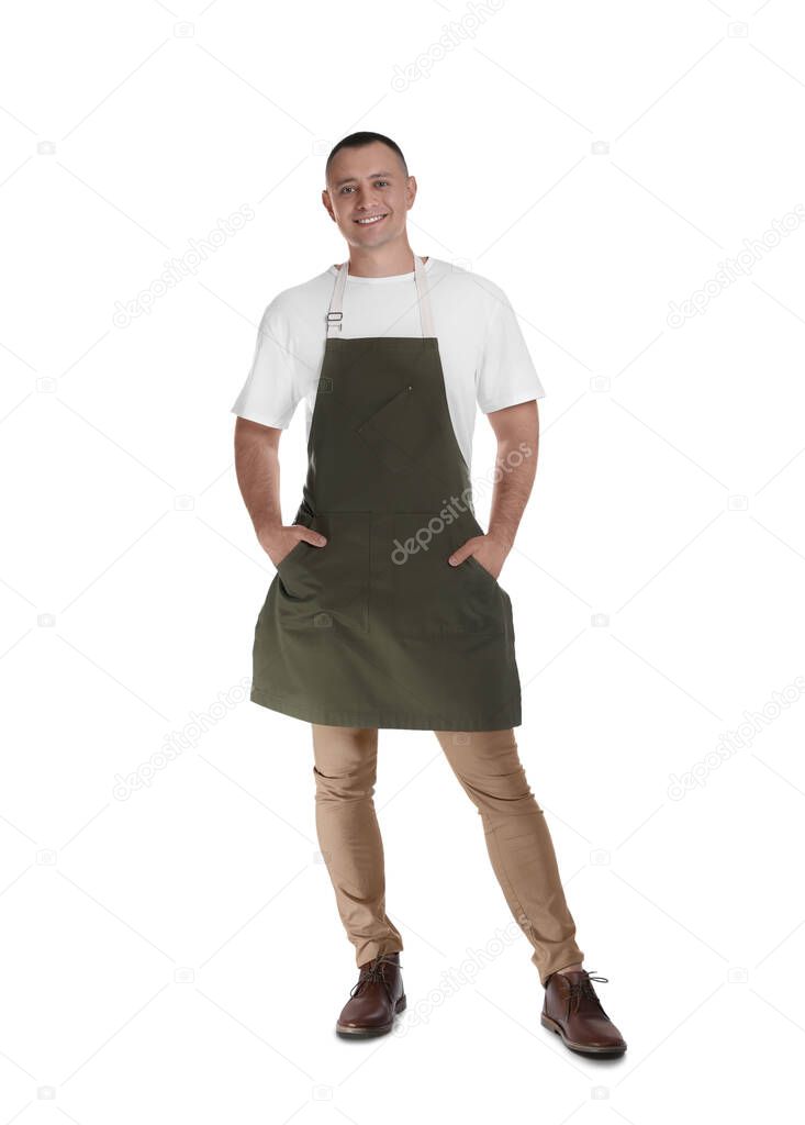 Full length portrait of happy young waiter in uniform on white background