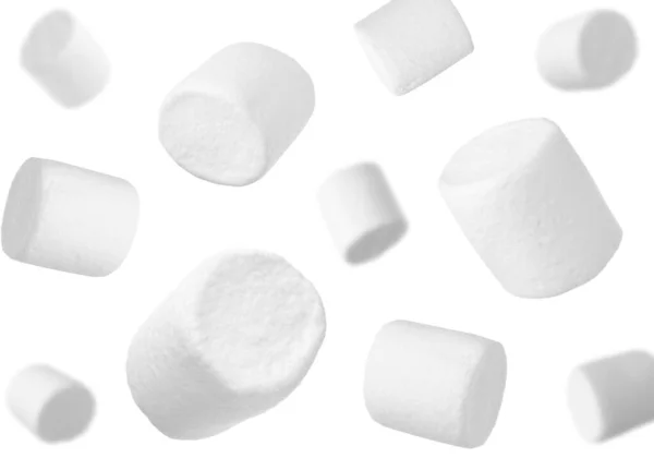 Delicious Sweet Puffy Marshmallows Flying White Background — Stock Photo, Image