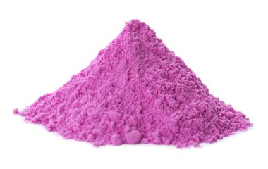 Beyaz arka planda mor toz boyası. Holi festivali