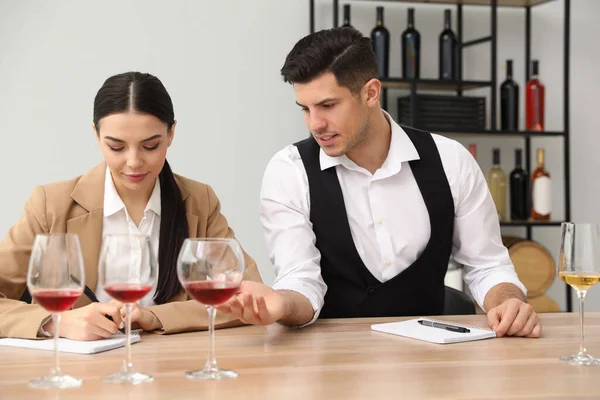 Sommeliers Tasting Different Sorts Wine Table Indoors — Stock Photo, Image