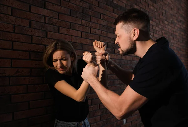 Man Threatening His Wife Daughter Belt Indoors Closeup Domestic Violence — Stock Photo, Image