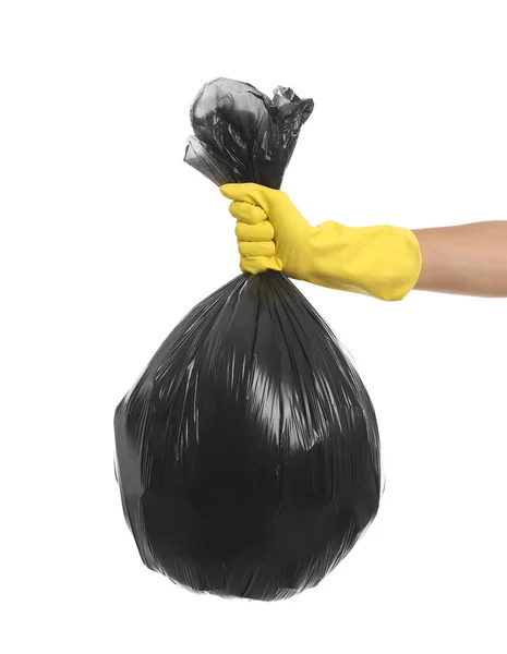 Mulher Segurando Saco Lixo Completo Fundo Branco — Fotografia de Stock