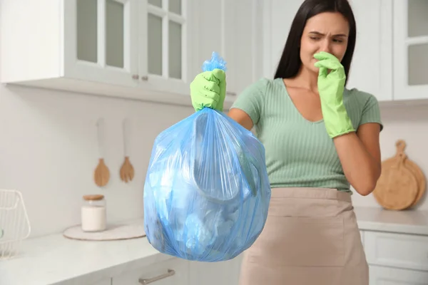 Woman Holding Full Garbage Bag Home Focus Hand — Stock Photo, Image