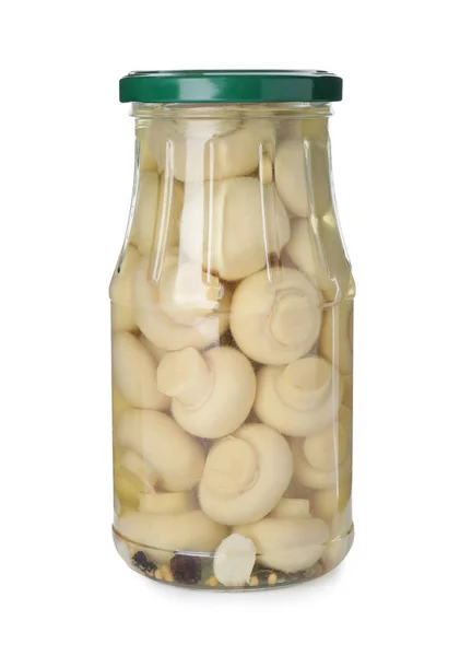 Frasco Com Cogumelos Marinados Isolado Branco — Fotografia de Stock