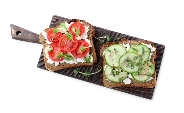 Delicious Sandwiches Vegetables Microgreens Cheese White Background Top View — Stock Photo, Image