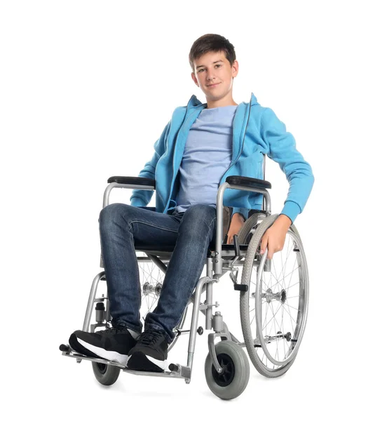 Teenage Chlapec Invalidním Vozíku Bílém Pozadí — Stock fotografie
