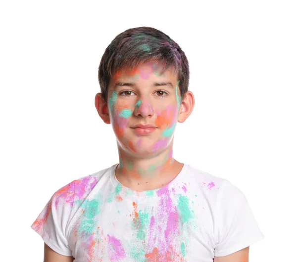 十几岁的男孩涂满了白色背景的彩色粉末染料 Holi节庆祝活动 — 图库照片