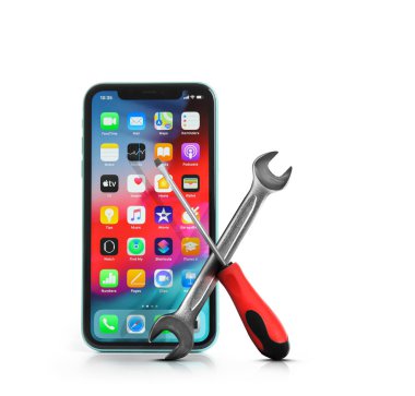 MYKOLAIV, UKRAINE - JULY 9, 2020: iPhone 11 with home screen on white background. Repairing service  clipart