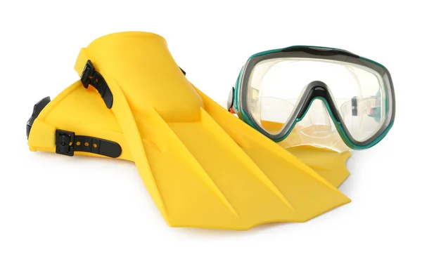 Paar Gele Flippers Masker Witte Achtergrond — Stockfoto