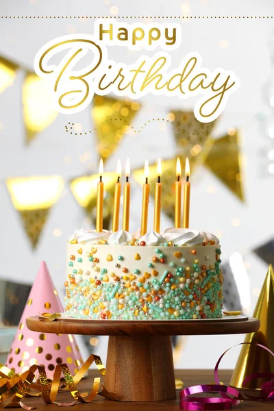 Happy Birthday Beautiful Cake Burning Candles Decor Wooden Table — Stock Photo, Image