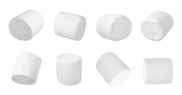 Set Med Läckra Söta Puffy Marshmallows Vit Bakgrund Banderolldesign — Stockfoto