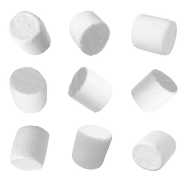 Set Met Heerlijke Zoete Gezwollen Marshmallows Witte Achtergrond — Stockfoto