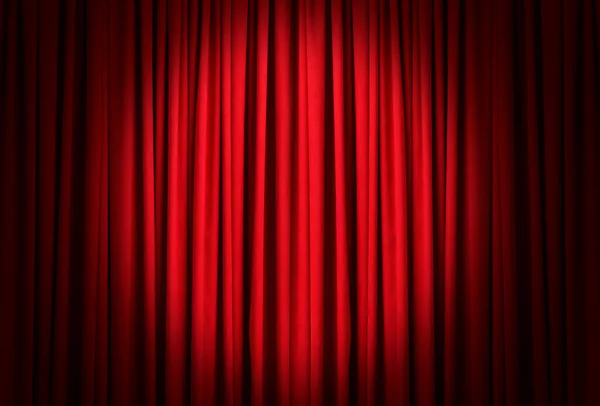 Spotlight Illuminating Closed Red Stage Curtains Start Performance — Stock Photo, Image