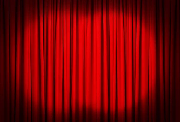 Spotlights Illuminating Closed Red Stage Curtains Start Performance — Stock Photo, Image