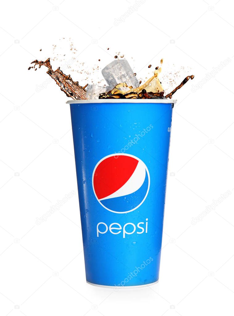 MYKOLAIV, UKRAINE - JUNE 9, 2021: Pepsi splashing out of paper cup isolated on white