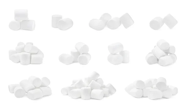 Set Con Deliziosi Marshmallow Dolci Gonfi Sfondo Bianco — Foto Stock