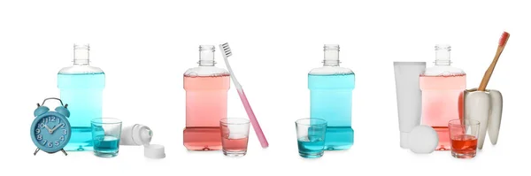 Set Met Flessen Mondwater Andere Items Voor Tandverzorging Witte Achtergrond — Stockfoto