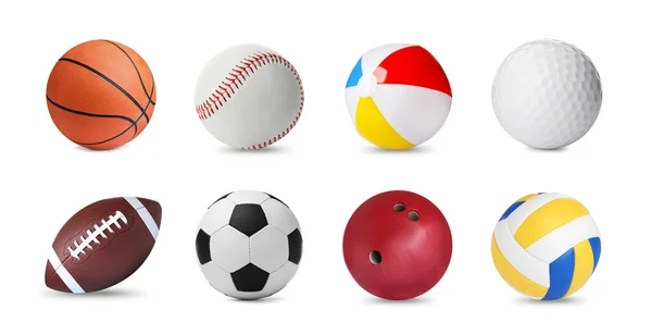 ホワイトの背景に異なるボールをセットし バナーデザイン スポーツ用具 — ストック写真