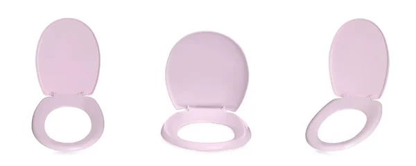 Set Pink Plastic Toilet Seats White Background Banner Design — Stock Photo, Image